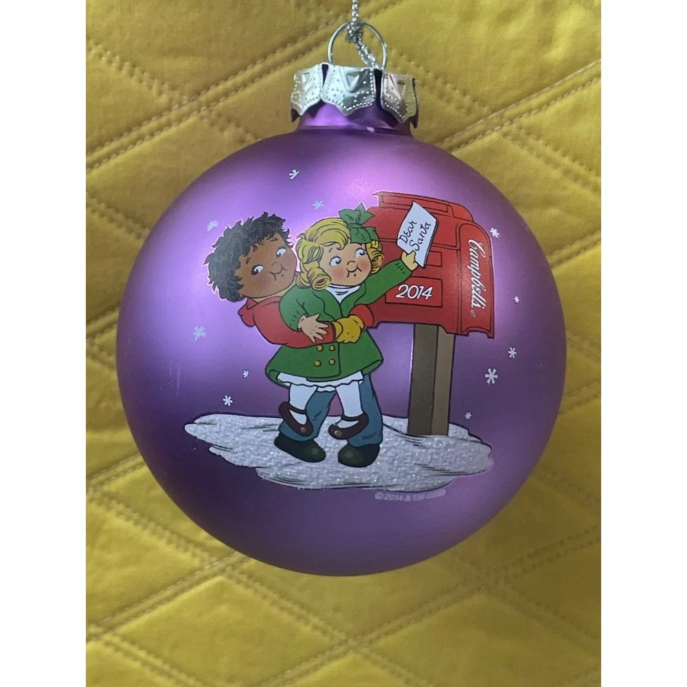Campbells Soup Kids 2014 Christmas Ball Ornament Purple Satin Glass Glitter 3in